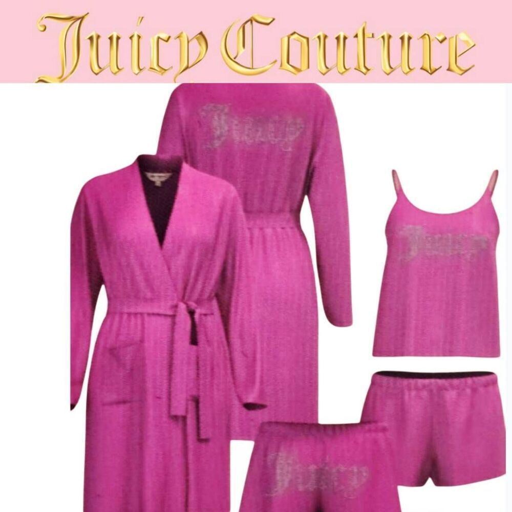 Juicy Couture 3-PC Satin Rhinestone Logo Robe, Shorts, & Tank PJ Set